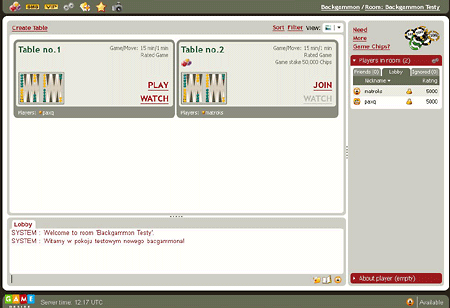 The main window to play Backgammon contains a list of room, players and built-in chat